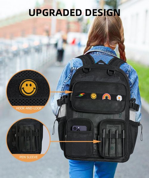 SWANSWIFT Mesh Backpack for School 30L XLarge Heavy Duty, See Through Backpack with Pen Sleeve for Girls Boys Student Diving Travel Hiking Outdoor Sport(4 Patches)