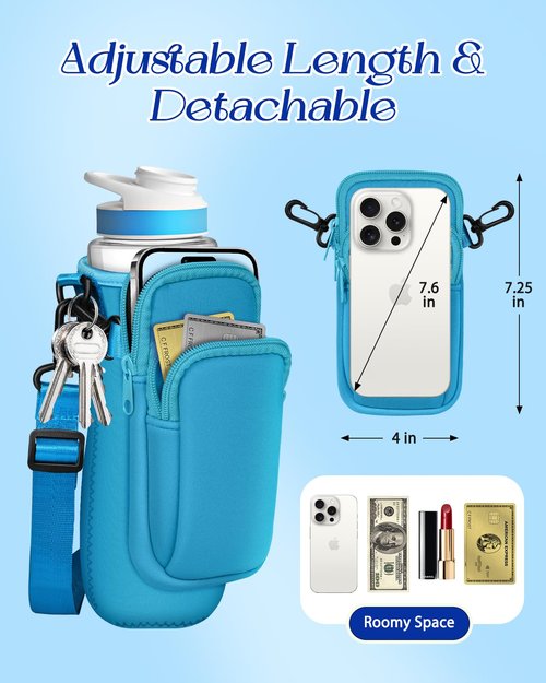 Toykee Water Bottle Sleeve with Pouch for Cirkul 22 oz - Blue Crossbody Shoulder Strap Detachable Phone Purse with Bottles Cover Holder Carrier Bag