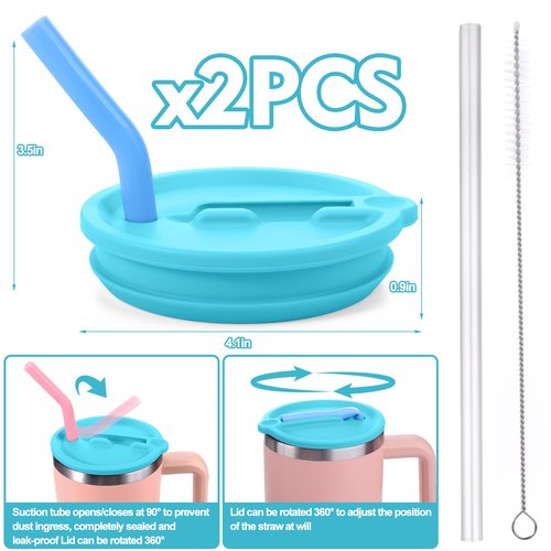 Mity rain 2PCS Silicone Tumbler Flip Straw Lid for Stanley Cup 40OZ, Spill Proof Lid Compatible with Stanley Quencher Flip Straw Lids for Replacement (Blue)