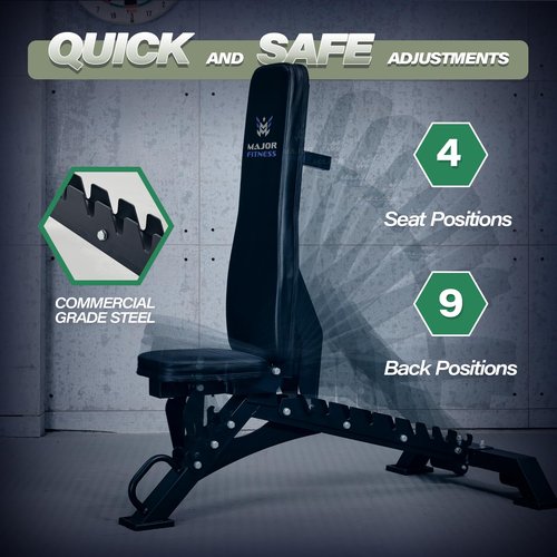 MAJOR FITNESS Adjustable Weight Bench (Elite Version) - 1300LBS Capacity, 32 Positions for Strength Training, Bench Press, and Full-Body Workouts for Home or Garage Gym, Black