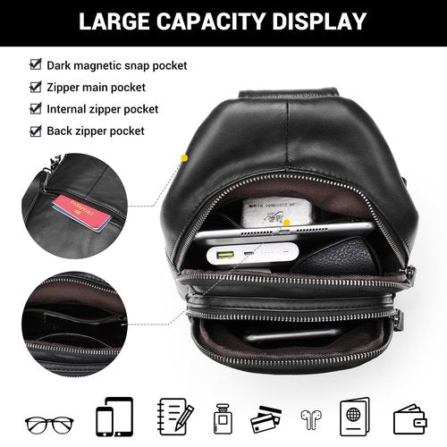 MASIWEI Genuine Leather Sling Bag for Mens Crossbody Bag Shoulder Backpack Fashion Chest Bag Travel Hiking Daypack, Black
