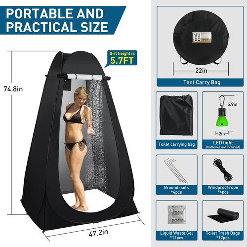 Thallike Portable Camping Toilet with Pop-Up Privacy Tent, 12-inch Toilet Seat, Outdoor Portable Folding toilet Potty for Adults Load Capacity of 400 Lbs, LED-Light Camping Bathroom