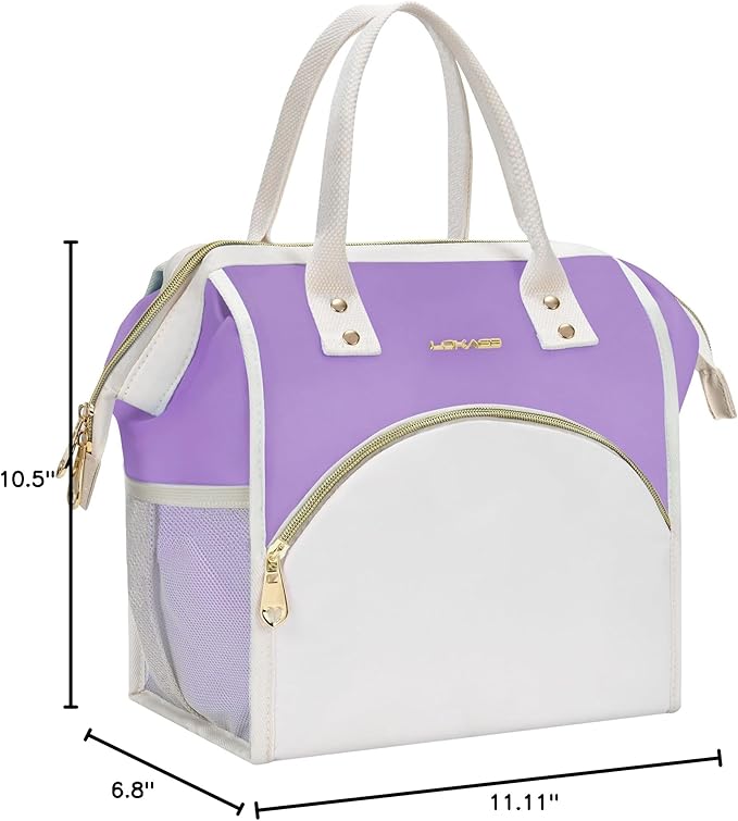 LOKASS Lunch Bag Women Insulated Lunch Box, Wide-Open Lunch Tote Bag Leak-proof Cooler Bag for Work Picnic-(Light Purple)