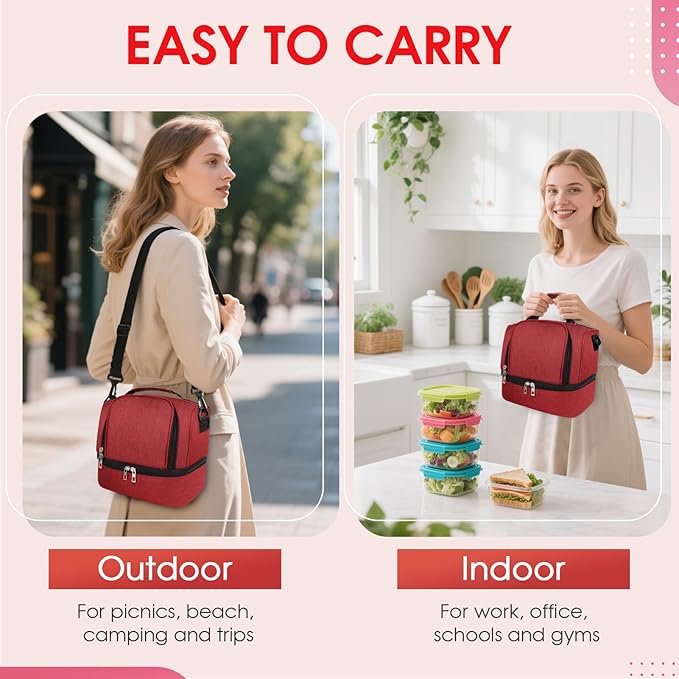 Lunch Box Lunch Bag for Women Men Reusable Insulated Lunch Bag Women Lunch Cooler Tote Bags with Adjustable Shoulder Strap for Office Work Picnic Travel, Wine Red