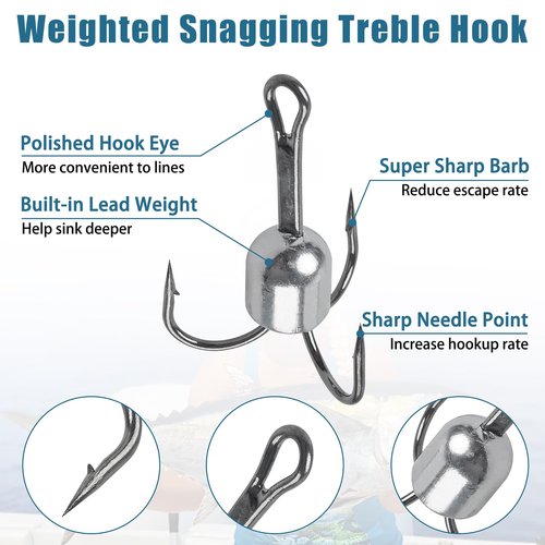 Snagging Hooks Large Weighted Treble Hooks Bunker Snag Hook with Weight for Trout Salmon Saltwater Fishing, 1oz-5/0 4pcs