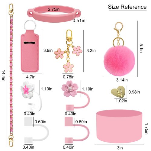 Velaco 11 PCS Accessories for Stanley Cup, Water Bottle Handle Strap for Stanley 30/40 oz tumbler with handle, including Straw Toppers, Silicone Cup Boot, Keychain Charms - PINK