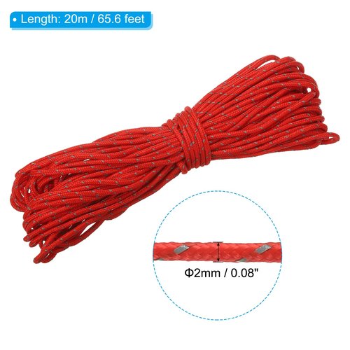 PATIKIL 65 Feet Reflective Guyline Camping Paracord, 2mm Tent Cord Guyline Rope Nylon Paracord Rope for Camping Tent Tarp Hiking, Red (20M)