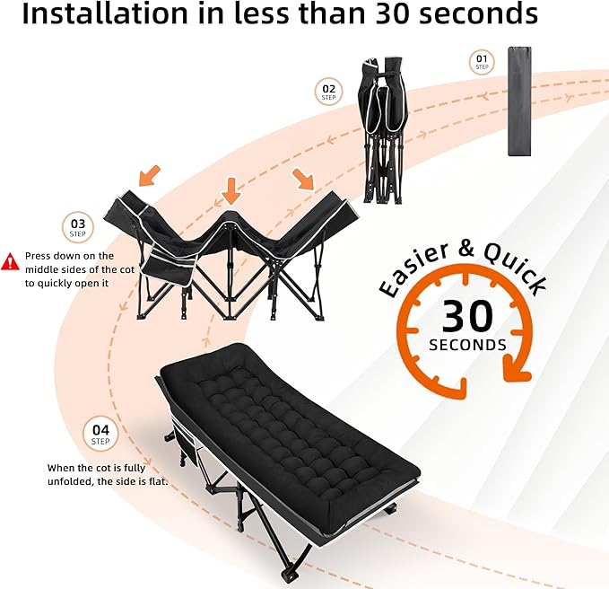 Portable Camping Cot, Sleeping Cots for Adults, 28" Extra Wide Heavy Duty Folding Cot Max Load 600LBS with Thick Mattress, Portable Camping Bed for Outdoor Camp/Office, Home Nap (Black)