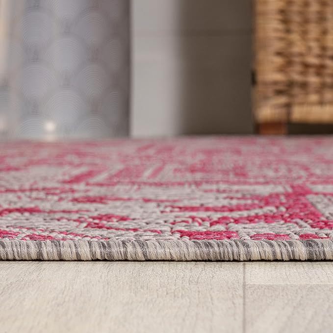 JONATHAN Y SMB105F-4 Estrella Bohemian Medallion Textured Weave Indoor Outdoor Area-Rug, Coastal Traditional Easy-Cleaning,Bedroom,Kitchen,Backyard,Patio,Non Shedding, 4 X 6, Light Gray/Fuchsia