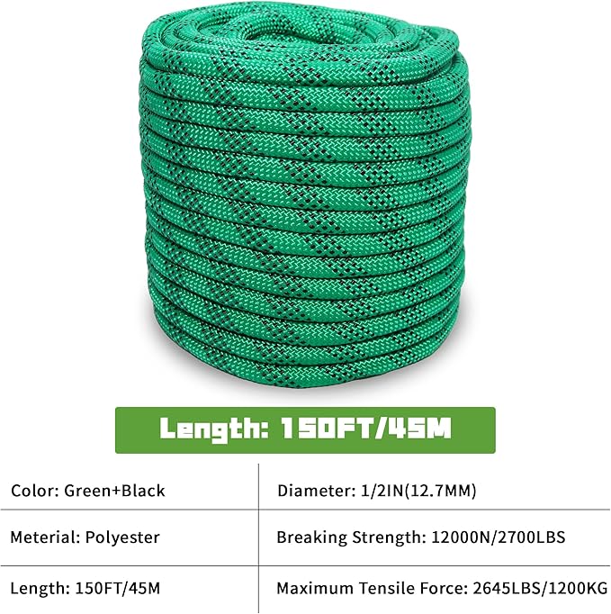1/2 Inch 150ft Double Braided Polyester Arborist Rope, Heavy Duty Nylon Rope for Anchor, Tree Work, Cargo, Pulling, Sailing (Green)