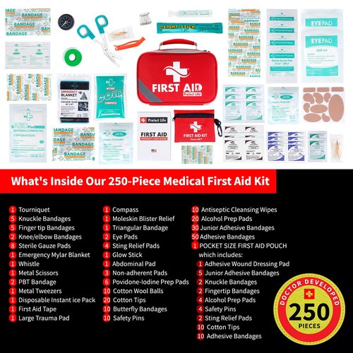 Protect Life First Aid Kit for Home & Business, 250 Pcs - Emergency Medical Kit for Camping & Hiking