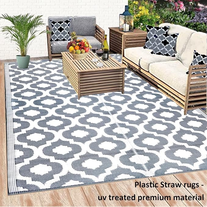 BalajeesUSA Outdoor Rugs 9 by 18 Feet Grey Reversible Recycled Plastic Straw Patio Rugs Waterproof Large RV Camper Awning mat 7070