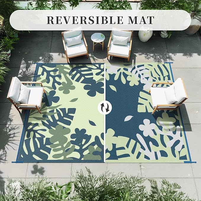 MontVoo Outdoor Rug Waterproof 8x10 ft RV Outdoor Rug for Camping Picnic Mat Outdoor Patio Rug Carpet Plastic Straw Reversible Floral Teal Blue Green