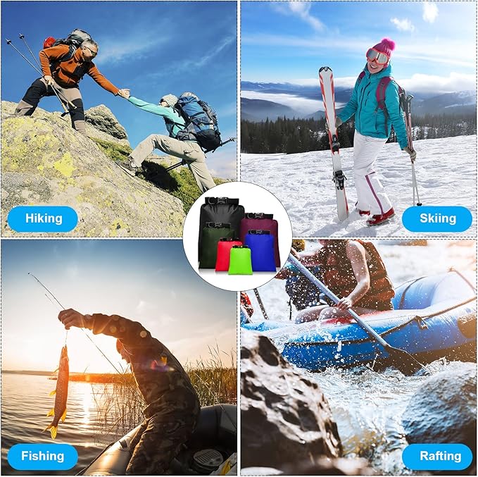 Waterproof Dry Bag Set 15 L+ 8 L +5 L+4 L+3 L+ 2 L Lightweight Sacks and Long Adjustable Shoulder Strap for Kayaking, Rafting, Boating, Hiking, Camping (Dark Colors,6 Pcs)