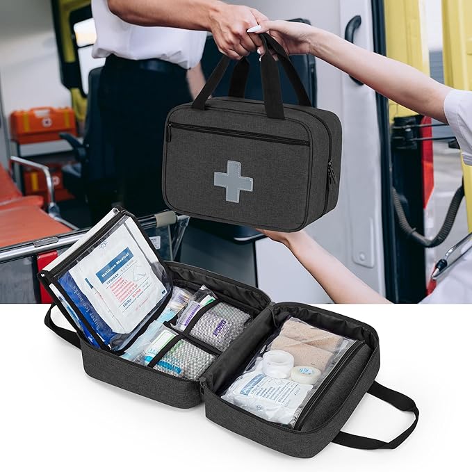 CURMIO Small First Aid Bag, Empty Emergency Trauma Kit Organizer Bag for Hiking, Camping, Car, Travel, Home and Outdoor, Black, BAG ONLY, Patent Pending