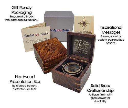 Engraved Compass Personalized in Wood Box | Antique Brass Desk Compass Gifts for Men, Him, Son, Grandson, Teen Boys for Graduation, Baptism, Confirmation, Leadership (Take Pride)