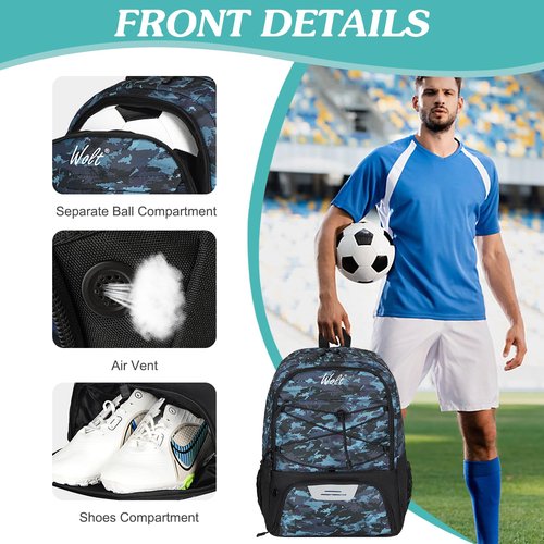 WOLT Youth Soccer Bag, Soccer Backpack, Basketball Backpack with Cleat Shoe and Ball Compartments Sports Backpack for Volleyball Football for Men Women (CamoBlue)