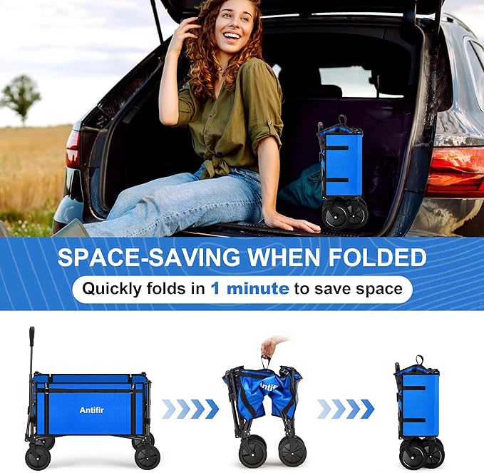 Collapsible Wagon Carts,Folding Wagon Cart with All Terrain Wheels,Heavy Duty Garden Carts with Adjustable Handle,Outdoor Utility Wagon for Camping Shopping Sports Fishing(Blue)