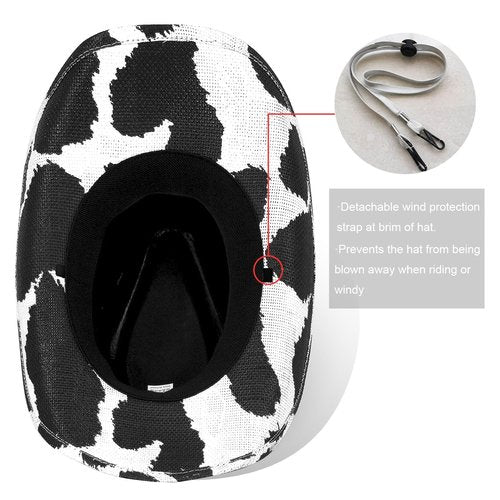 Cow Print Cowboy Hat for Men's Women's,Straw Western Cowgirl Hat with Unique Metalbull Hatband Black and White Bachelorette Party Hats
