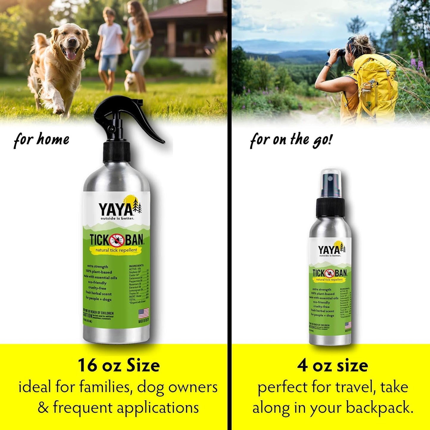 Yaya Organics Tick Ban | Extra Strength Tick Repellent Made with Essential Oils and All Natural, DEET Free Ingredients | Proven Effective, Safe for Adults, Kids and Dogs | 4 Ounce 2 Pack