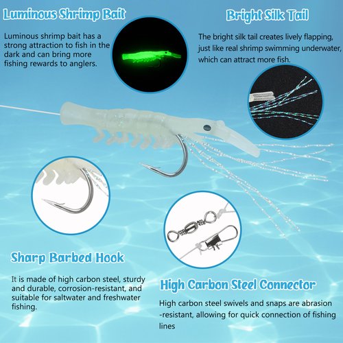 10 Packs Fishing Shrimp Lure Rigs Kit - Glow in The Dark Shrimp Baits Rigs Saltwater Fishing Rigs Tackle with Fishing Hooks for Freshwater Saltwater (Mixed Size)
