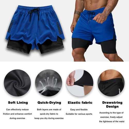 Smatstyle Men's 2 in 1 18" Running Shorts Quick Dry Gym Athletic Workout Shorts with Zipper Pockets Blue