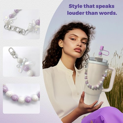 Water Bottle Strap Stanley Cup Accessories for 8oz to 40oz Tumbler, Water Bottle Handle Strap for Comfortable Carrying, Fashion & Practical Stanley Charms with 2 Silicone Straw Toppers