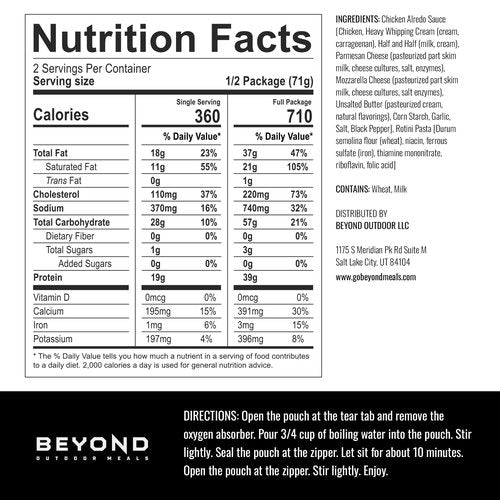 Beyond Outdoor Meals Chicken Alfredo | Freeze Dried Camping & Backpacking Food | High Protein Meals | Just Add Water