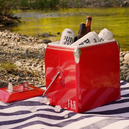 Foster & Rye Stainless Steel Retro Cooler, Vintage Metal cooler, Antique Beverage Chiller and Ice Chest, Plastic Lined Drink Chest, Mounted Bottle Opener, Holds a 6-pack, Red