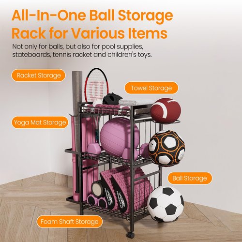 Yoga Mat Storage Rack, Home Gym Storage Rack for Dumbbells Kettlebells Foam Roller and Yoga Strap, Workout Equipment Storage Organizer With Hooks & Wheels, Gym Equipment Storage for Home Exercise