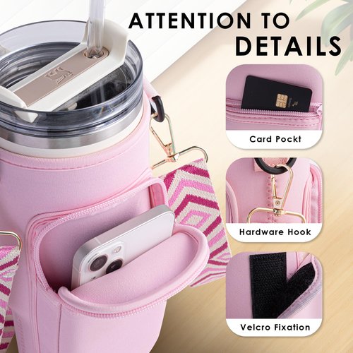 Viva Terry Water Bottle Carrier Bag with Phone and Cards Pockets 40/30oz Tumblers Water Bottle Holder with Adjustable Strap - Ideal Fit for Stanley Cup(Pink)