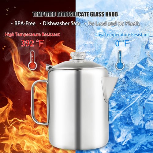 APOXCON Coffee Percolator Bundle with 2 Mugs Stainless Steel Coffee Maker with Heat Resistant Tough Glass Knob & Foldable Handle Using on any Stovetop Outdoor Camping NO Aluminum NO Plastic (8 Cup)