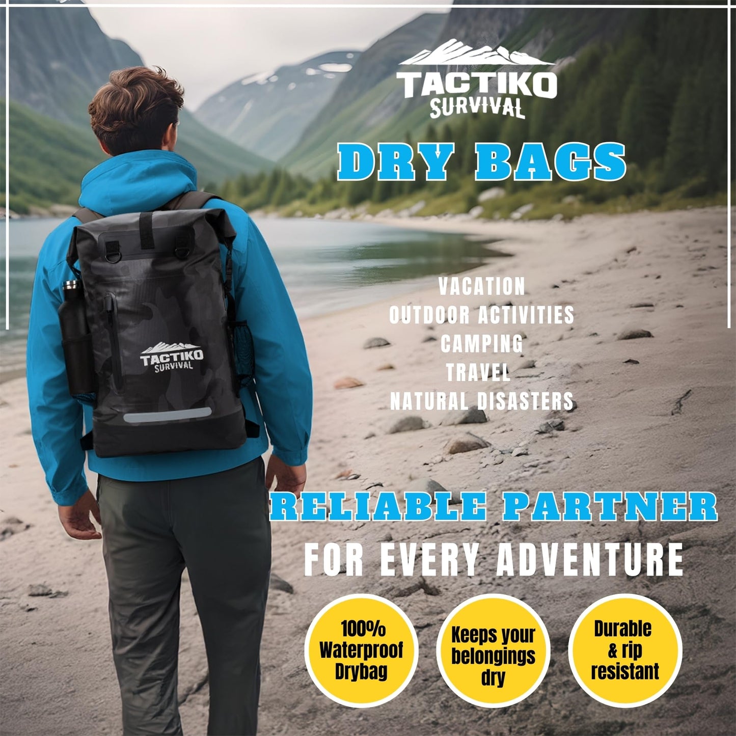 Tactiko 30L 100% Waterproof Backpack with Carabiner, Rip-Stop Floating Roll Top Dry Bag for Kayaking, Hiking, Camping, Survival - U.S. Company (Black Camo)