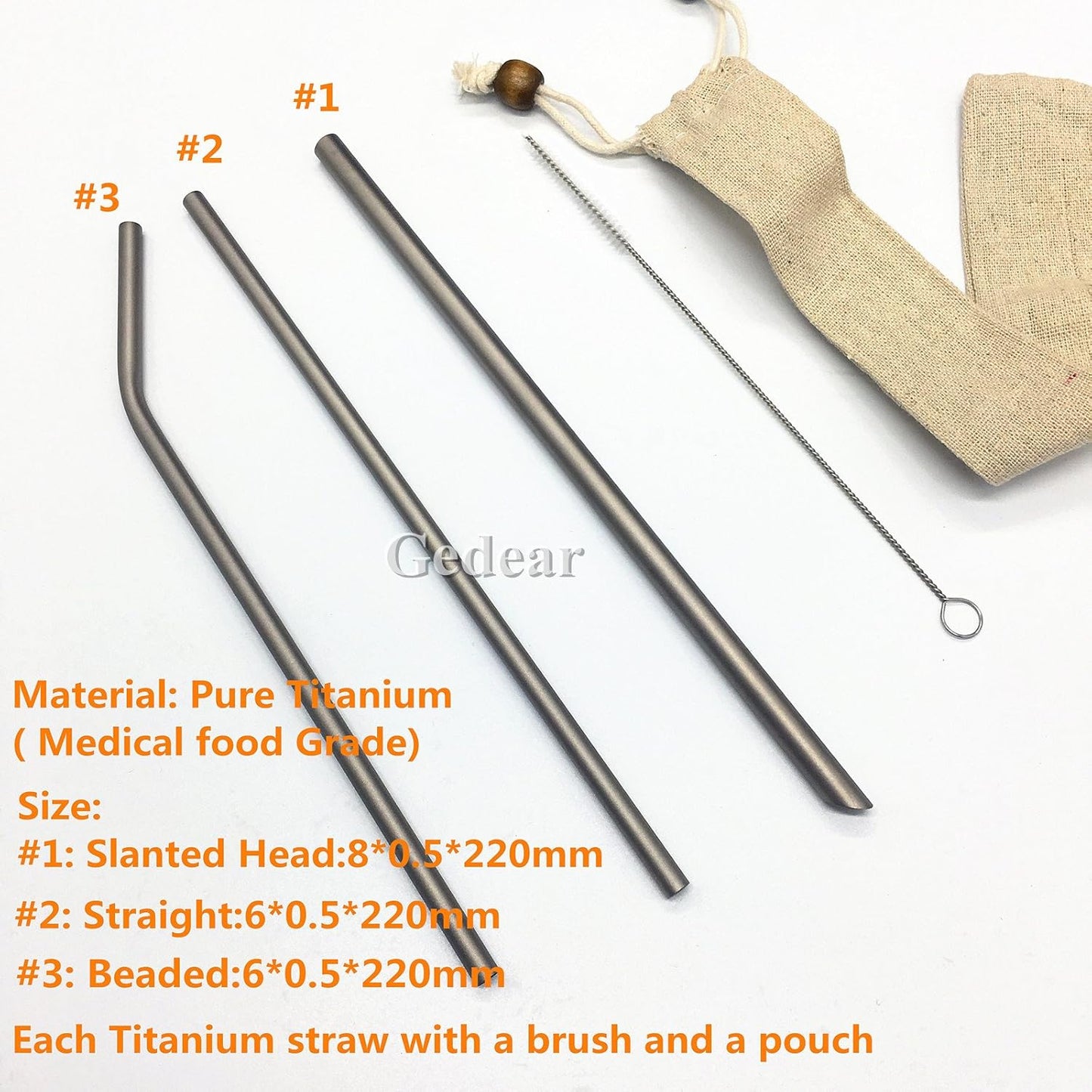 Titanium Straw Ti Survival Camping Hiking Outdoor Drinking Straw With Cleaning Brush and Pouch (Bended Straw)