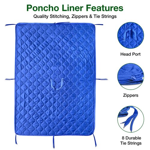 Wearable Blue Military Woobie Poncho Liner with Head Hole. Has Zippers That converts to Sleeping Bag. Water-Resistance, Ripstop Poncho Blanket with Drawstring Bag. Perfect for Outdoor Enthusiasts.