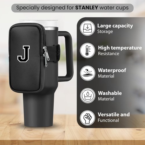 SAMUSAI Initial Water Bottle Carrier Bag for Stanley-Tumbler pouch with Zipper Pocket Travel mug pouch- Personalized A-Z Phone Pocket for Stanley Cup Accessories - Detachable Large Phone Pocket