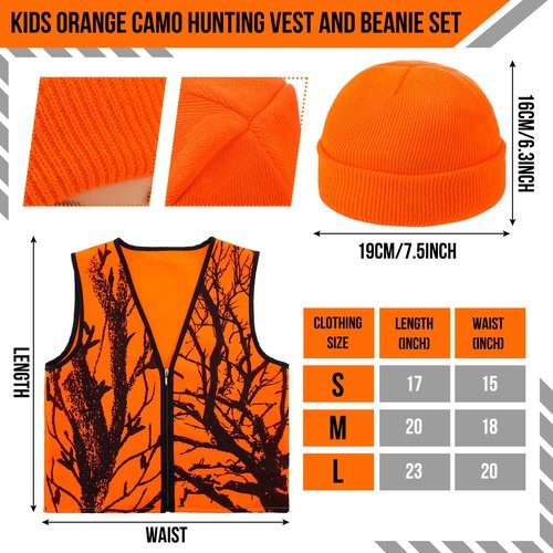 Berlune 2 Pcs Kids Hunting Vest & Beanie Set Reflective Hunting Clothes Blaze Vests for Night Hiking Outdoor(Orange,L,Pattern Style)