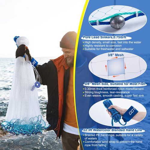 Goture American Fishing Cast Net Saltwater Freshwater,3/8in Mesh Size Casting Net for Bait Fish Shrimp Trap,Pure Lead Sinkers Dual Color Double Selvage,3ft-12ft Radius Throw Cast Net with Needle