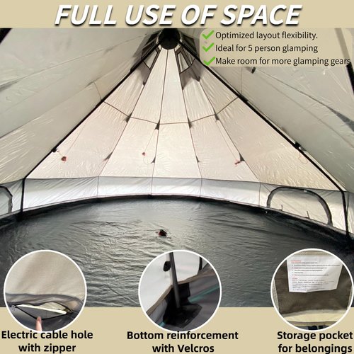 DANCHEL OUTDOOR B2A Luxury Glamping Bell Tent No Center Pole for 4 Person, 13ft/4m Large Waterproof Yurt with Stove Jack, All-Weather 300D Oxford Nylon Family Camping, Khaki
