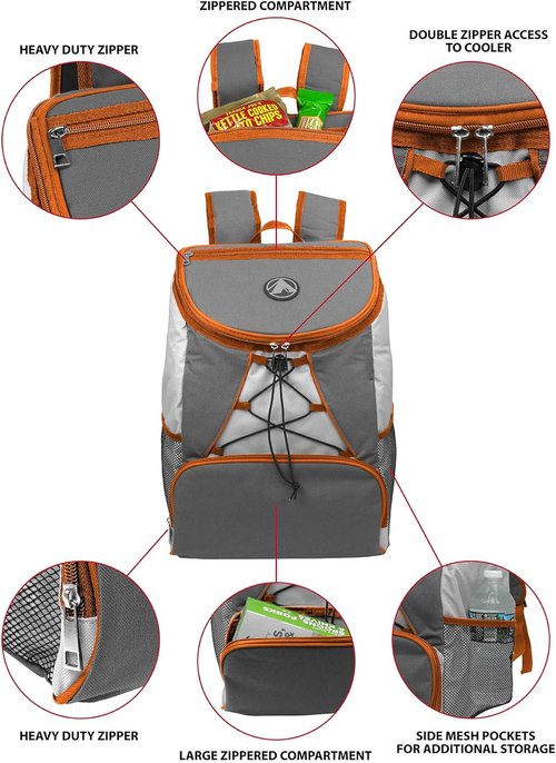 GigaTent Fully Insulated Interior Cooler Backpack 600D Adjustable Padded Shoulder Straps Bungee Cord Leakproof Water Resistant Cooler Extra Storage 2 Mesh Side Pockets for Lunch Picnic Hiking Camping