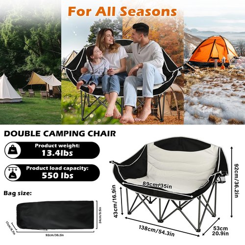 koldan Double Camping Chair, 550lbs Capacity 2-Person Camping Chair with Cup Holder Wine, Foldable Oversized Camping Loveseat for Couples, Family, Beach, Backyard for Outside Picnic