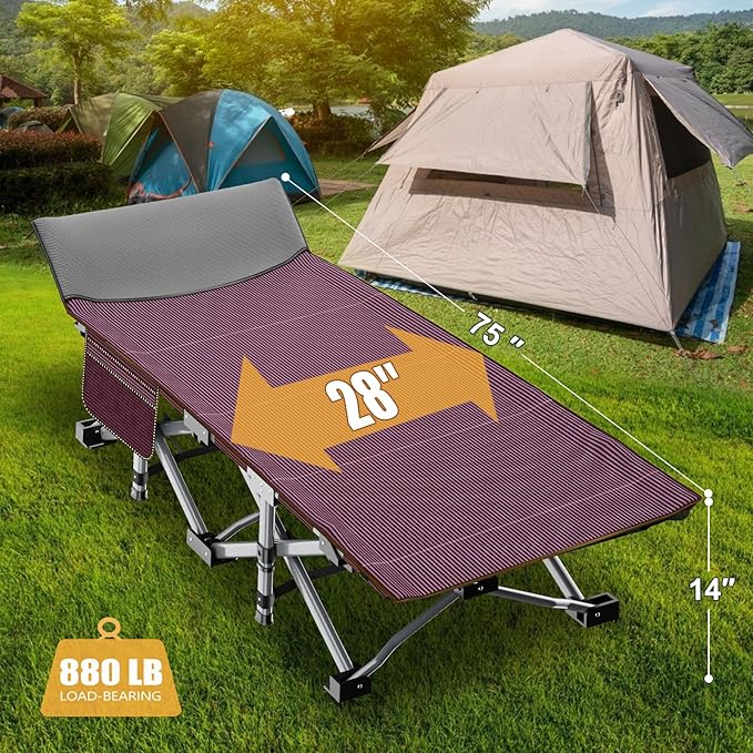ABORON Folding Camping Cot for Adults, Double Layer 1200D, 500lb Capacity, Heavy Duty Guest Cot with Mat & Carrying Bag for Indoor & Outdoor Use