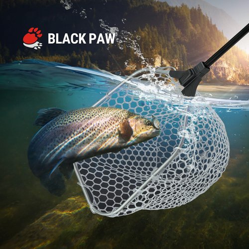 Black Paw Floating Fly Fishing Net, Rubber Fishing Net for Trout, Foldable Extendable Fish-Friendly Design for Safe Catch and Release (Rubber Net, Fixed Pole)