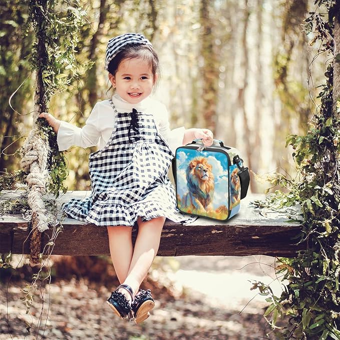 Animal Lunch Box for Kids, Watercolor Lion Grassland Lunch Bag for Boys Girls, Reusable Insulated Waterproof Lunch Box with Adjustable Shoulder Strap Thermal Cooler Tote Bag for School Daycare Picnic