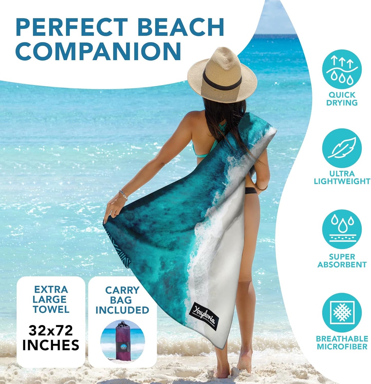 Youphoria Microfiber Travel Towel Fast Drying Lightweight - Quick Dry Towel for Camping, Beach, Backpacking, Hiking & Sport
