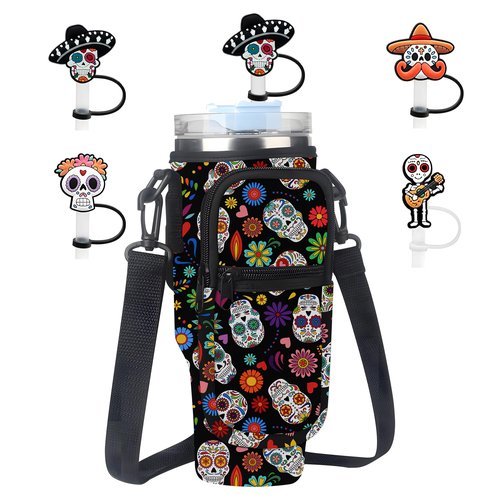 Sugar Skull Print Stanley Cup Bag, Cup Holder for Stanley 40oz Tumbler with Handle, Stanley Carrier Bag with 4Pcs Straw Topper for Stanley Cup Accessories