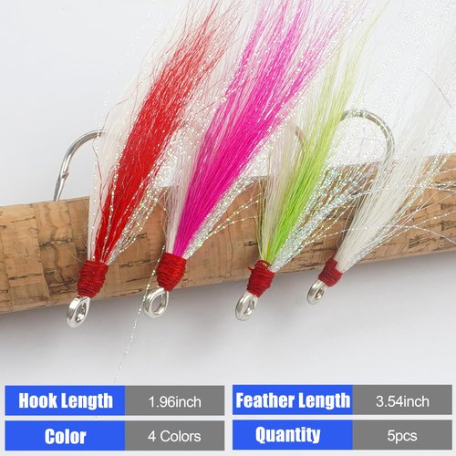 Bucktail Teaser Fishing Hooks,5pcs Saltwater Flounder Rig Stainless Steel Fishing Jig Hooks Bucktail Mylar Flash Teasers Inserted for Striper Catfish Cod Flounder Hi/Lo Rig