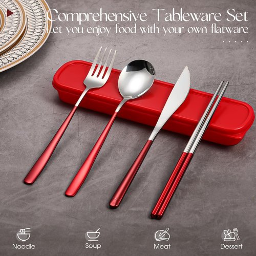 Kritkin 2 Sets Travel Cutlery Set 18/8 Stainless Steel Cutlery 6 Pcs Reusable Utensils Set with Case Portable Silverware Lunch Box for Camping School Office(Silver, Red, Black)