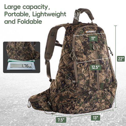 BLISSWILL Hunting Backpack with hunting seat,Lightweight Hiking Daypack,Hunting Accessories ,Camping Camouflage Bag with Rain Cover – Perfect for Hunts and Outdoor Adventures(AllSeasons Camo)