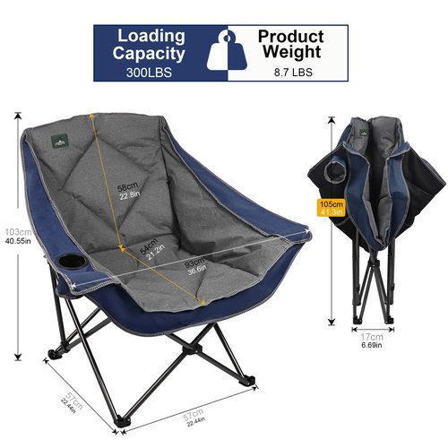 Northroad Oversized Foldable Camping Chair, Outdoor Padded Lawn Chair w/Cup Holder,Carry Bag for Beach, Hiking, and Picnics,Heavy-Duty 300-lbs Capacity, Blue